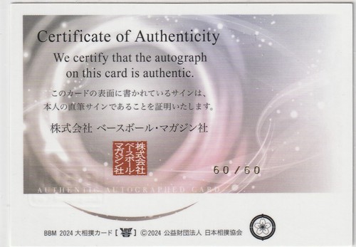 BBM 2024 Shimazuumi Sora Sumo Wrestling Limited to 60 copies Autographed - Foto 2 di 2