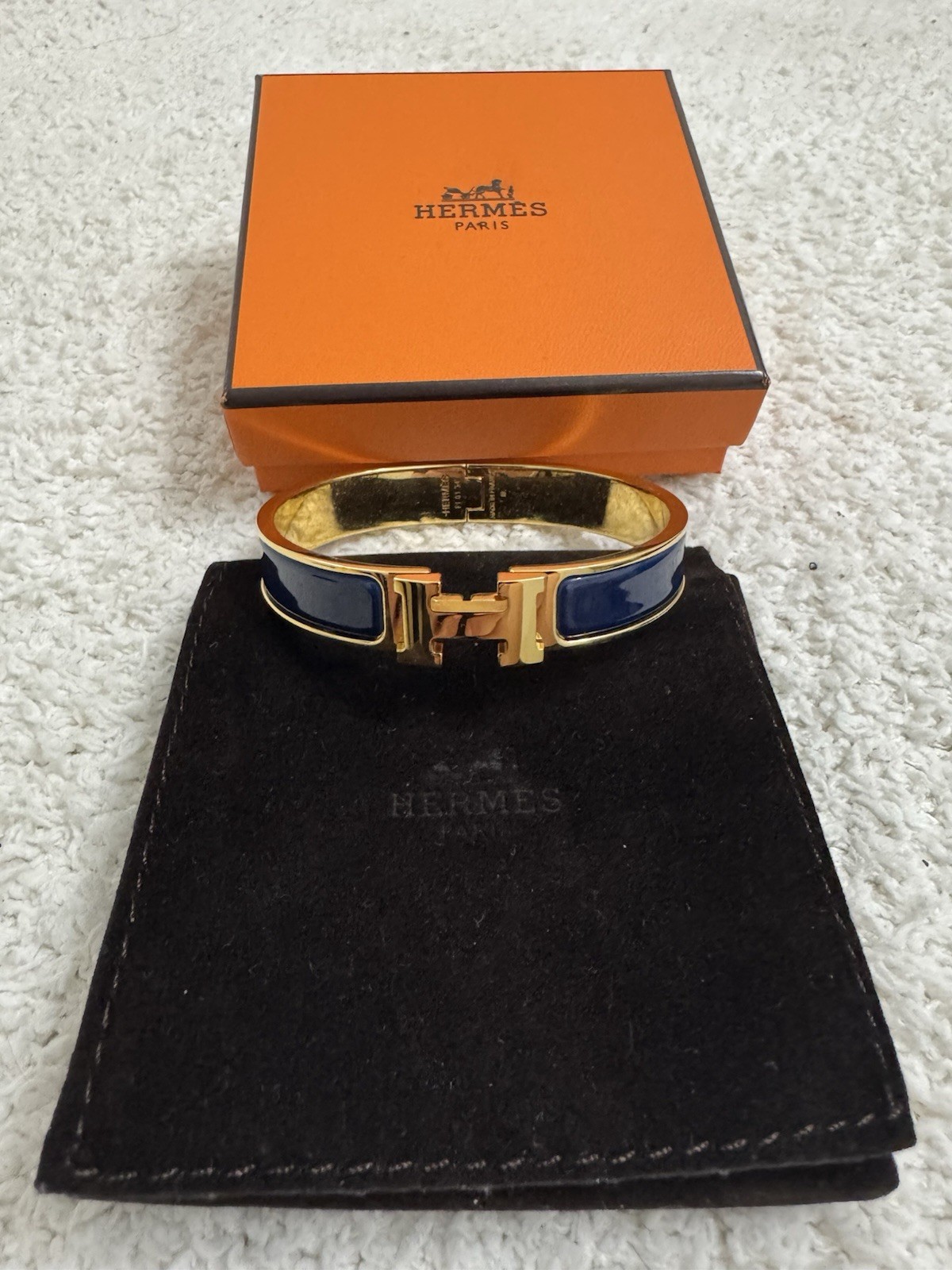 HERMÈS Clic H Enamel Hinged Bangle Cuff Bracelet, Gold Tone/Navy