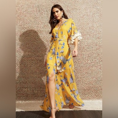long yellow silk dress Jluxlabel Women's Satin Floral Print Maxi Dress