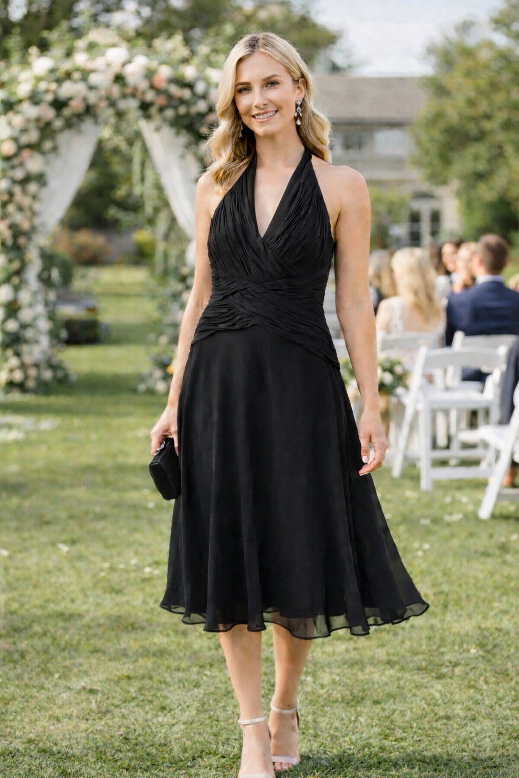 Jones New York Black Silk Halter Dress Ruffle 12 Retro Wedding Cocktail Formal