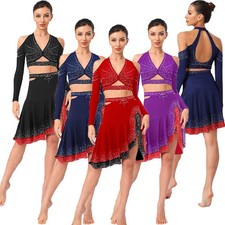 Women Dress Gymnastics Costumes Sides Cut Dancewear Gym Rhinestones Backless