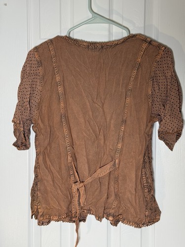 90er Cottagecore braun Knopfleiste Bauern Top Tie Back Kurzarm Boho M - Bild 3 von 14