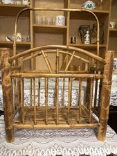 Vintage Authentic Rattan Bamboo Magazine Rack Square 4 Post Natural With Handle