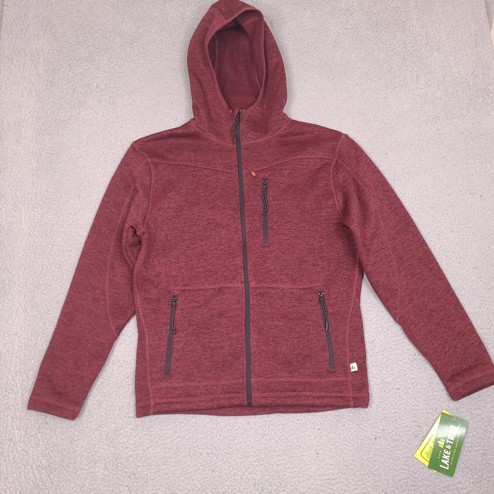 Lake & Trail Mens Full Zip Jacket Hoodie Medium Burgundy Red Thermal Fleece NWT