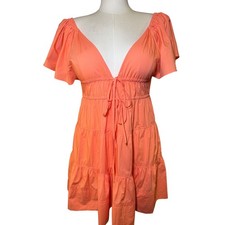 Olivaceous Coral Orange Cotton Tiered Mini Dress V-Neck Flutter Sleeve Large NEW
