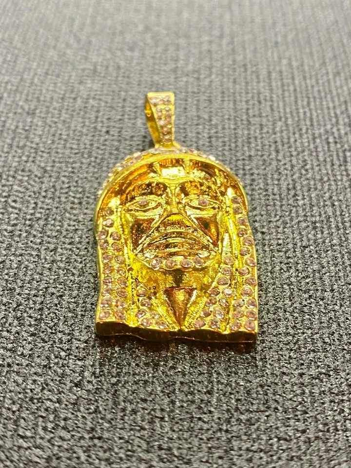 Lujoso Colgante Cara Cabeza de Jesús Circonita Helada Tono Oro 14k - Religioso Hip Hop Bling Foto 4 de 4