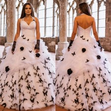 Gothic Black White Wedding Dress Halter Neck Backless Lace Butterfly Bridal Gown