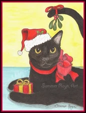 Black cat with Santa hat and Mistletoe whimsical, Christmas card, notecard #424
