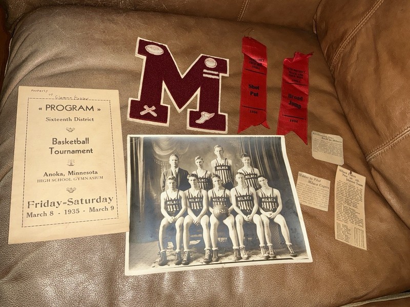 VINTAGE MILACA HIGH SCHOOL LOT LETTERMAN PATCH & SILVER PHOTO, RIBBONS, PROGRAM