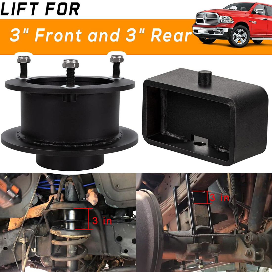 3-Inch Full Suspension Lift Kit For 1994-2001 Dodge Ram 1500 4X4 - Front & Rear, 30-Piece Set