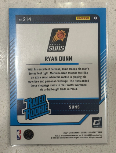 Ryan Dunn Holo Blue Laser Rated Rookie Card /125 SP 2024-25 Donruss Basketball - Picture 2 of 2