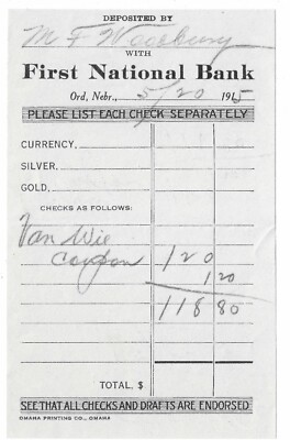 1915 Deposit Slip, First National Bank, Ord, Nebraska, M.F. Woodbury