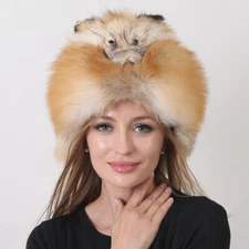 New Stylish Warm Hats  Women Natural Fox Top Hat Real Fur Fluffy Winter Hats
