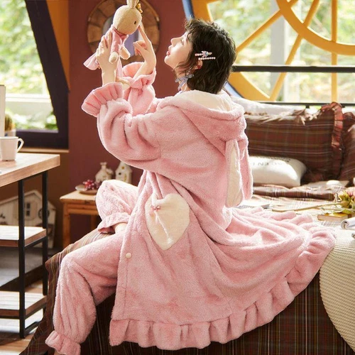 Mädchen Hase Kaninchen lange Ohren Nachthemd warm Flanell Kapuze dick Nachtwäsche PJ's - Bild 7 von 40
