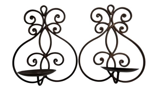 Vintage Set of 2 Scrolled Wrought Iron Candle Holder Wall Sconce Copper Colored - Picture 1 of 3