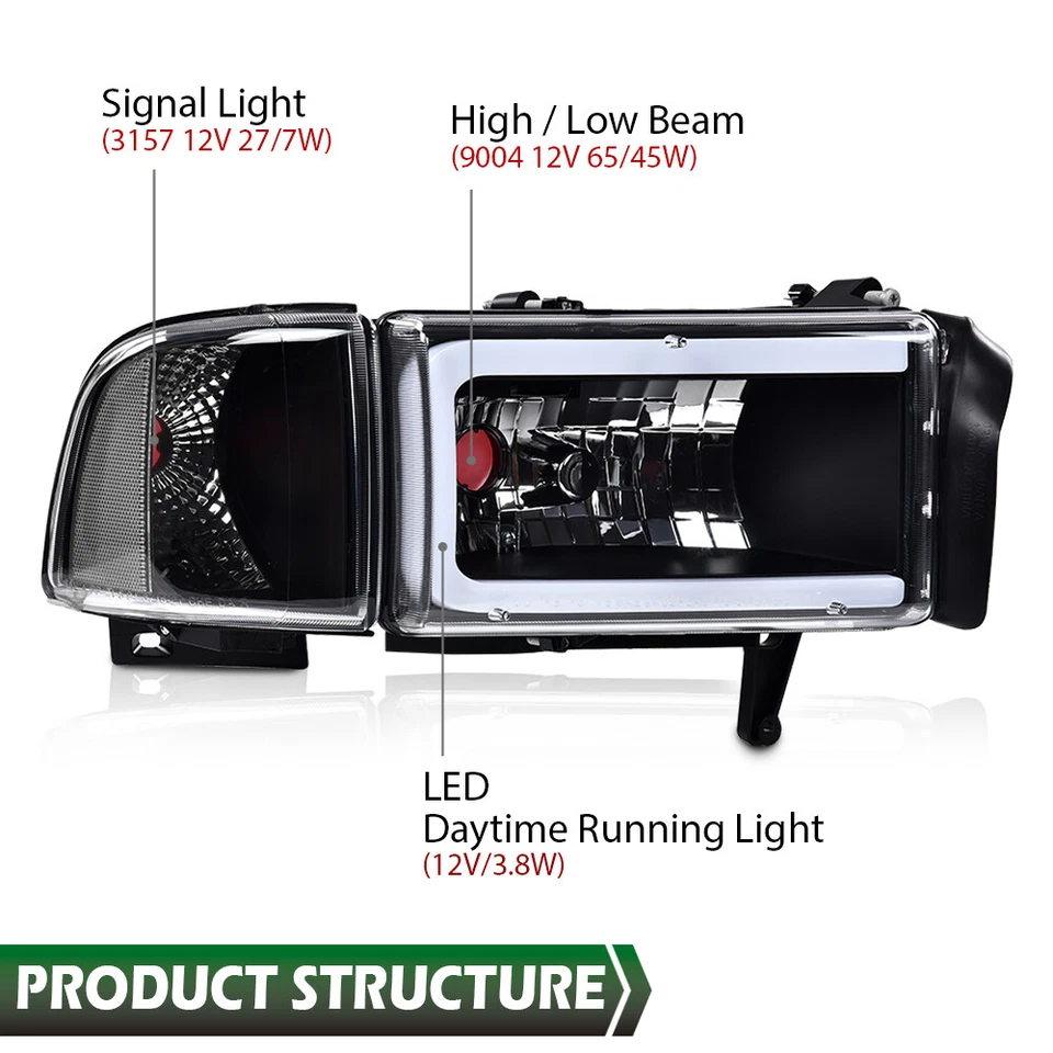 透明转角黑色 LED DRL 车头灯 适合 94-02 道奇 Ram 1500 2500 3500 — 第 3/4 张图片