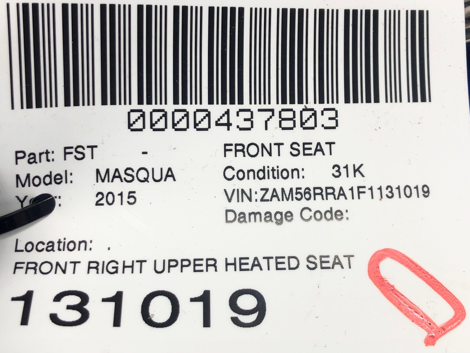 2014-2017 MASERATI QUATTROPORTE FRONT RIGHT UPPER HEATED SEAT CUSHION BLACK OEM