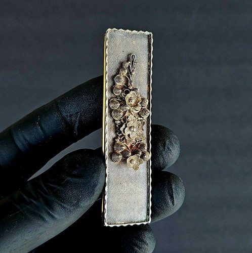 Antica clip per capelli Art Nouveau in argento sterling filigrana e ottone - Foto 11 di 14