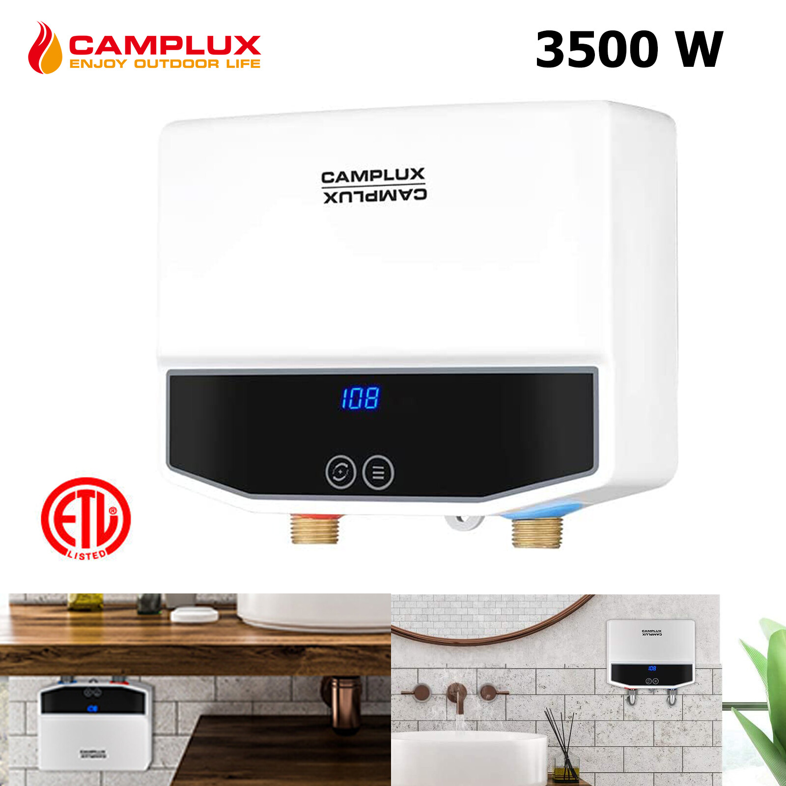 Camplux 120V Tankless Electric Water Heater 3.5kw LED Display Instant