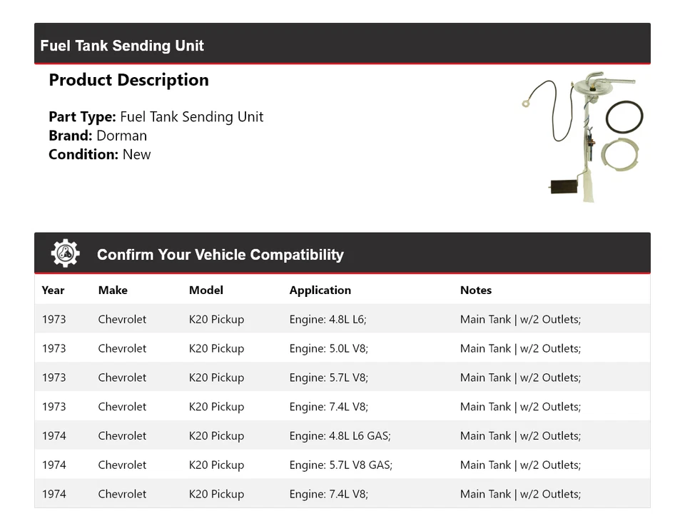 Unidad de envío de tanque de combustible Dorman camioneta Chevrolet K20 1973-1974 Foto 2 de 4