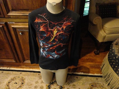 Black Liquid Blue Dragon Print Long Sleeve 60-40 Thermal Shirt Adult S Rare Find - Picture 3 of 8