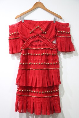 Thurley Mini Dress Size 12 Red Lace Embellished Cold Shoulder