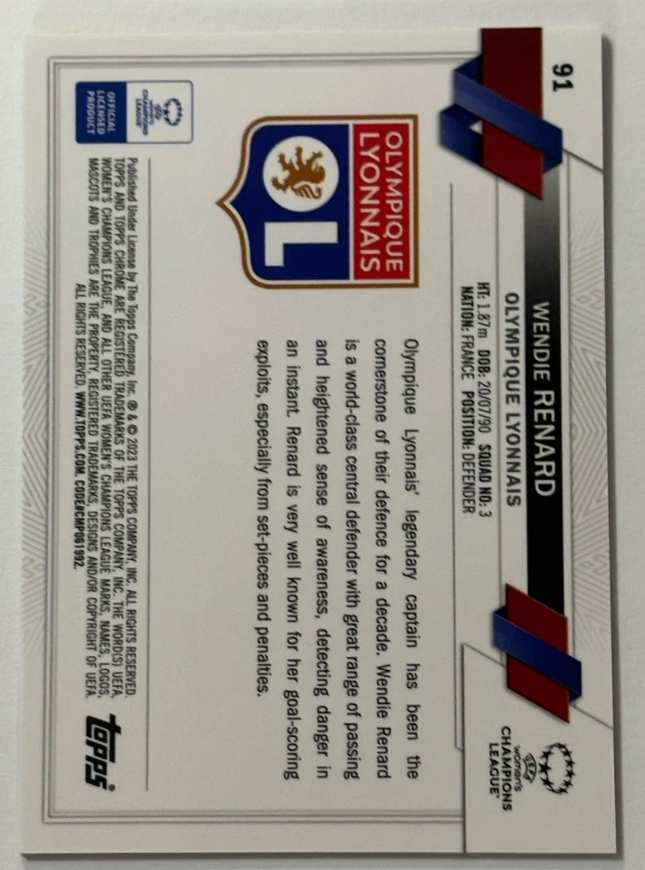 Wendie Renard 2022-23 Topps Chrome UEFA Women’s NEON GREEN PRISM /99 #91 RC - Image 2 of 2