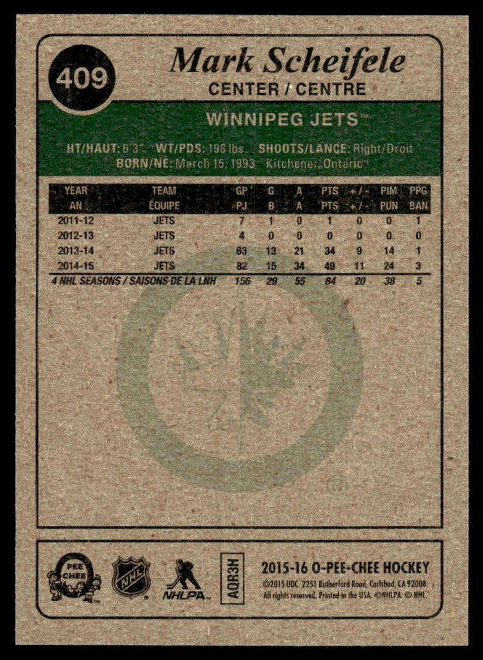 2015-16 O-Pee-Chee Retro Mark Scheifele Winnipeg Jets #409 - Image 2 of 2