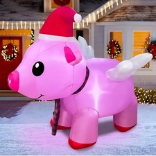 4ft Inflatable Christmas Flying Pink Piggy Decoration, LED Lighted Blow Up De...