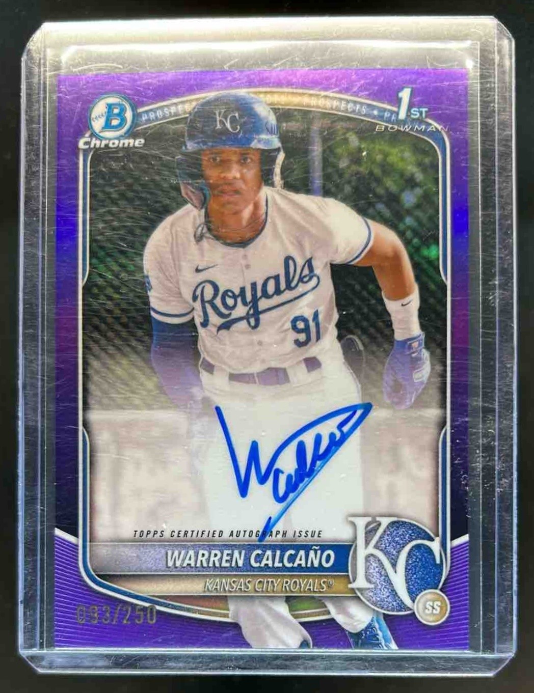 2025 Bowman Chrome Warren Calcano Auto Purple Refractor 1st #/250 Royals