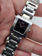 Movado ESQ Swiss Quartz Ladies Watch Stainless Steel 22mm Square Black Tank Dial