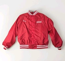 Vintage Red Satin Bomber Jacket Conoco Advertising Embroidered USA Made Sz Large