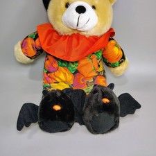 Vintage Plush Bear Halloween Witch Hat Pumpkin Fabric Bat Slippers