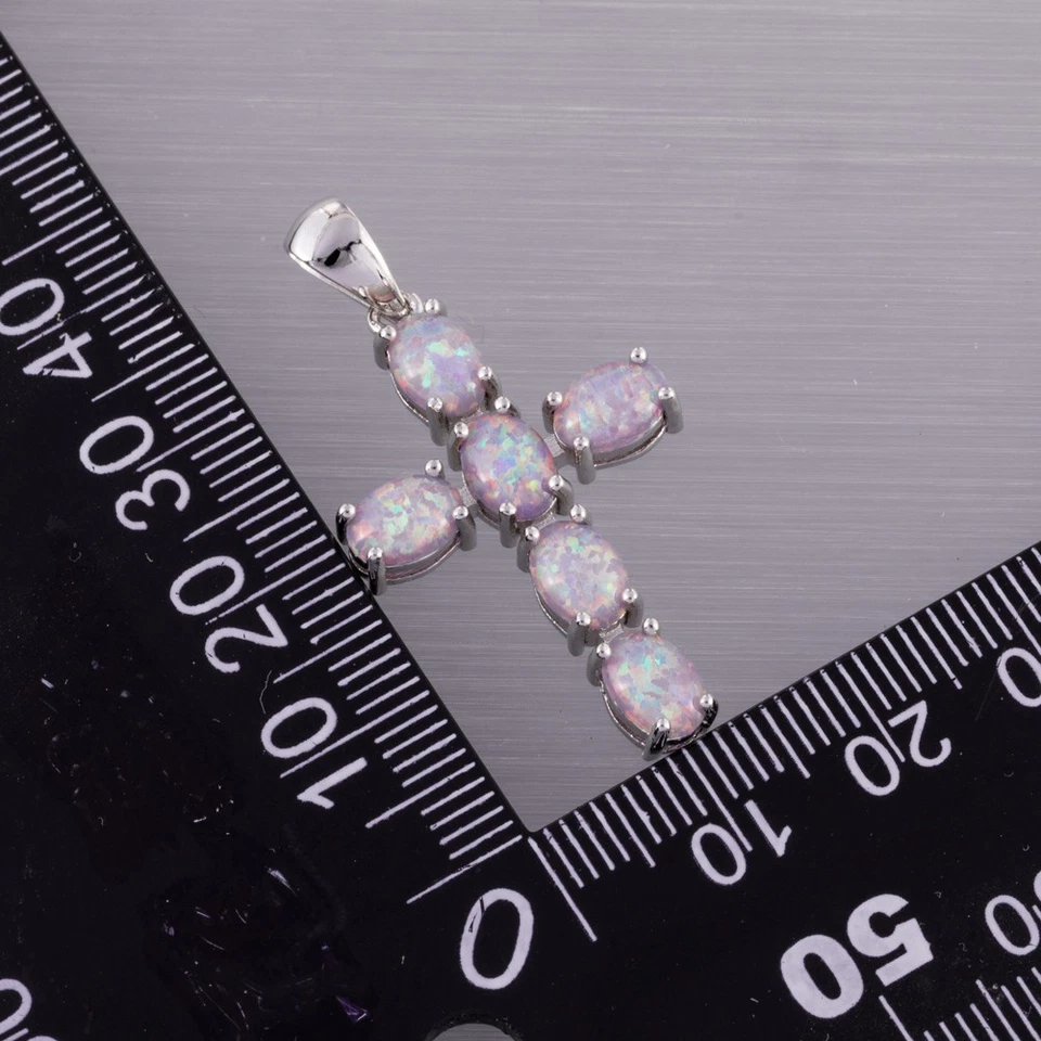Latin Cross Lavender Purple Fire Opal Cabochon Silver Jewelry Necklace Pendant - Image 2 of 4
