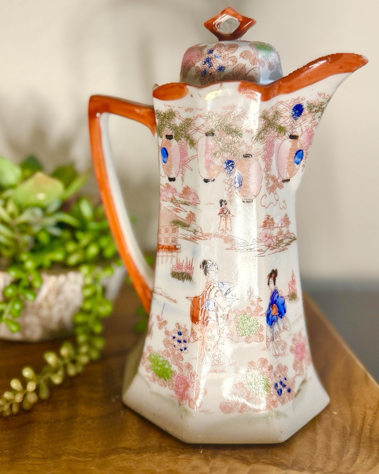 Vintage Japanese Hand-Painted Porcelain Coffee Pot Geisha Scene Octagonal