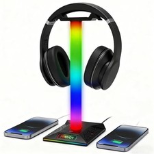 RGB Gaming Headset Stand with USB Hub - 2 USB Ports 1 Type-C Port, Black-E03