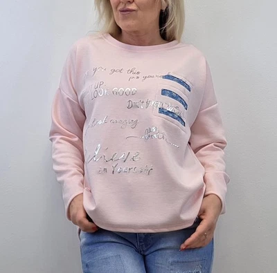 Damen Langarmshirt Casual Jeans-Applikation Silberschrift Größe 38 40 42 Rosa - Bild 1 von 4