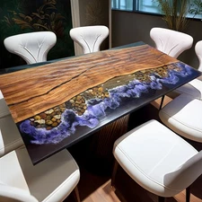 Luxury Live Edge Dining Table | Amethyst Resin River & Natural Wood | Modern Art