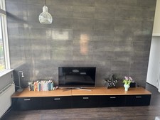 Fully Assembled Freestanding TV Stand, Black & Medium Wood Tone, 6 Drawers