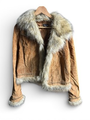 bebe Brown Leather Fur Trim Studded Western Jacket Women s Size L