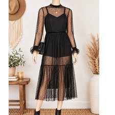 Black Sheer Swiss Dot Mesh Maxi Dress Mock Neck Ruffle Cuff Small Victorian Goth