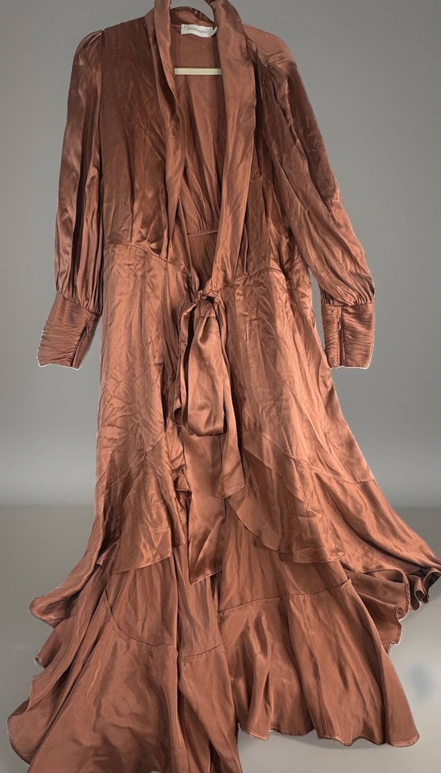 Zimmerman Women's Size 2 Orange Sheen Blouson Sleeve Silk Wrap Midi Dress