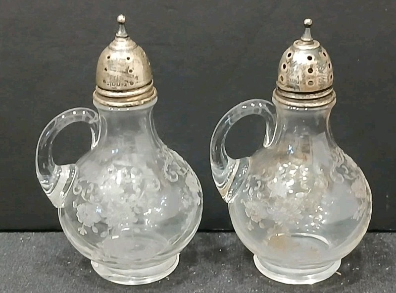Vtg Cambridge Glass Chantilly Handled Salt/Pepper Shakers w Sterling Silver Lids