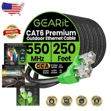 High-Speed 250ft Cat6 Outdoor Ethernet Cable - 10Gbps, Gold Plated, Weatherproof