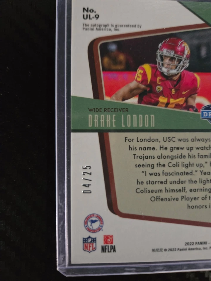 2022 Legacy DRAKE LONDON Under the Lights Ruby RC Auto 4/25 UL-9 Falcons USC - Image 3 of 3