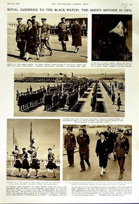Original alter Vintage Druck 1952 Queen Mother Elizabeth Fife Schottland Crail Camp