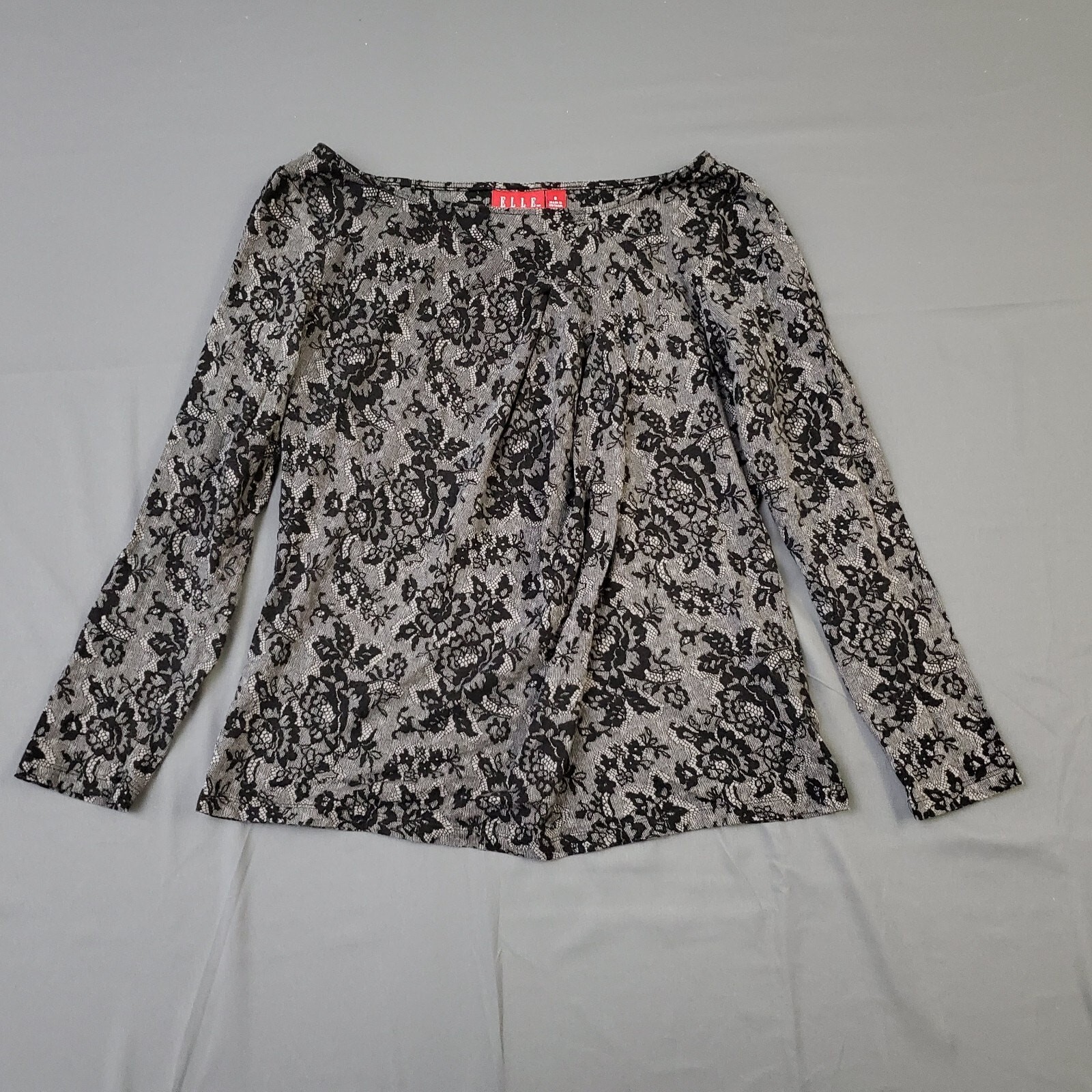 ELLE Blouse Womens Small S Long Sleeve Black Lace Floral Pullover Black