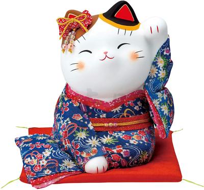 Pottery Maneki Neko Beckoning Lucky Cat 7655 Crepe Kimono Blue 200mm from JAPAN