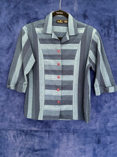VTG Women's Classic Buttondown Shirt Gray Tone Contrast Strip mid-Sleeve Roll - Picture 1 of 5