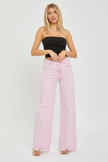 Pink Acid Wash High Waisted Wide Leg Risen Jeans